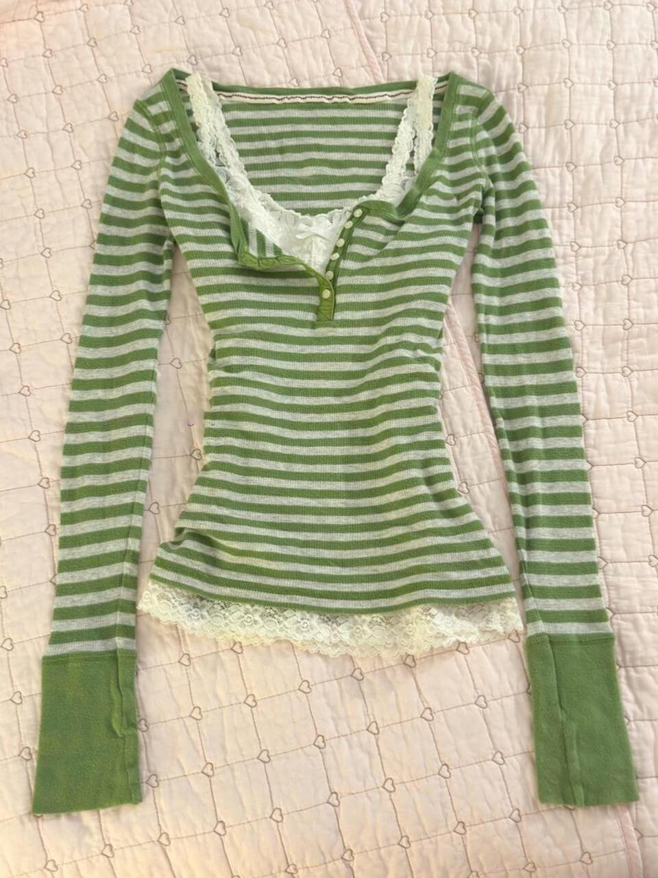 Vintage Y2K - Camisetas femininas listradas verdes estilo Y2K