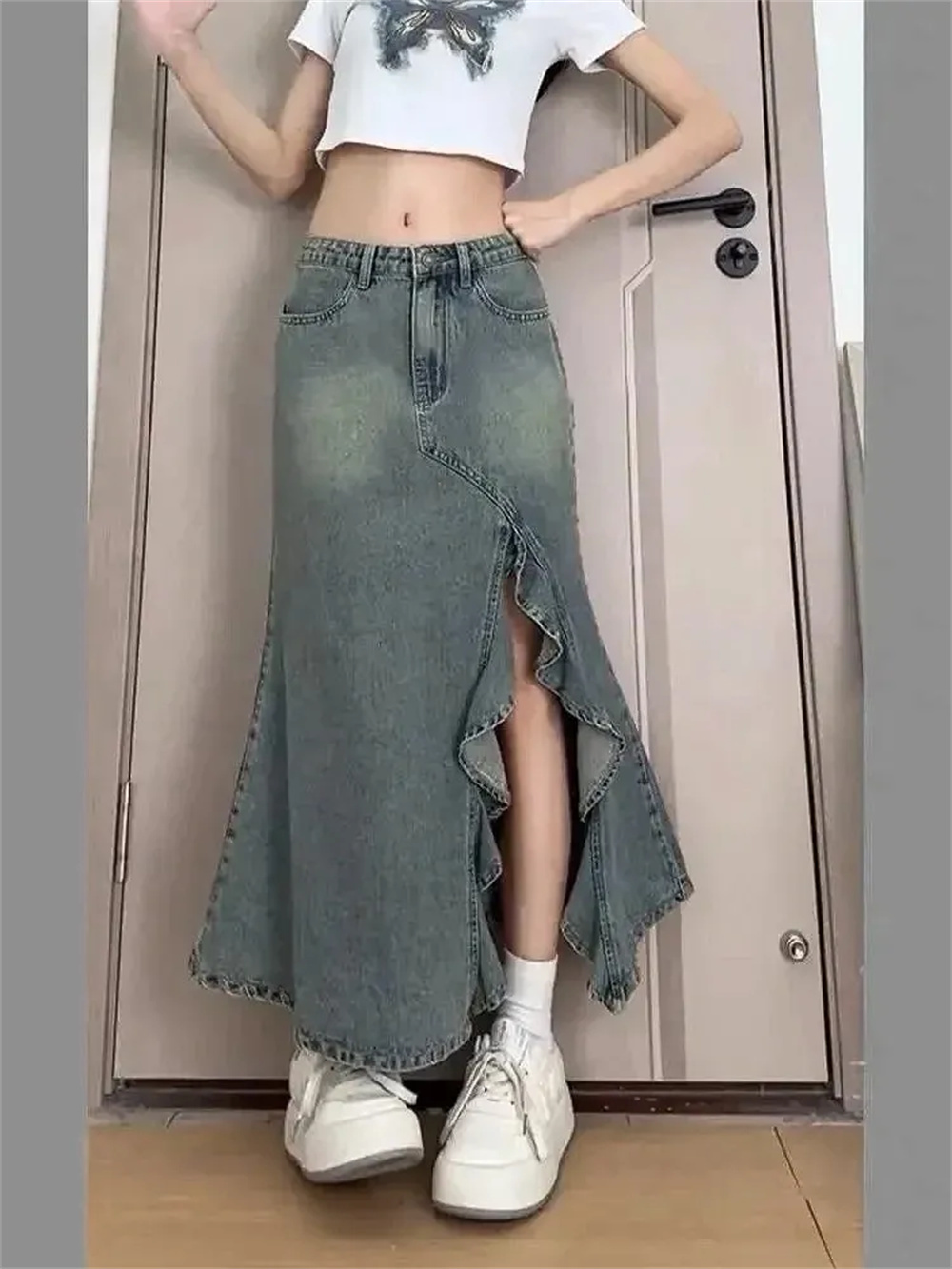 Denim Skirt Midi Vintage - Saia de Denim Retro Coreana para