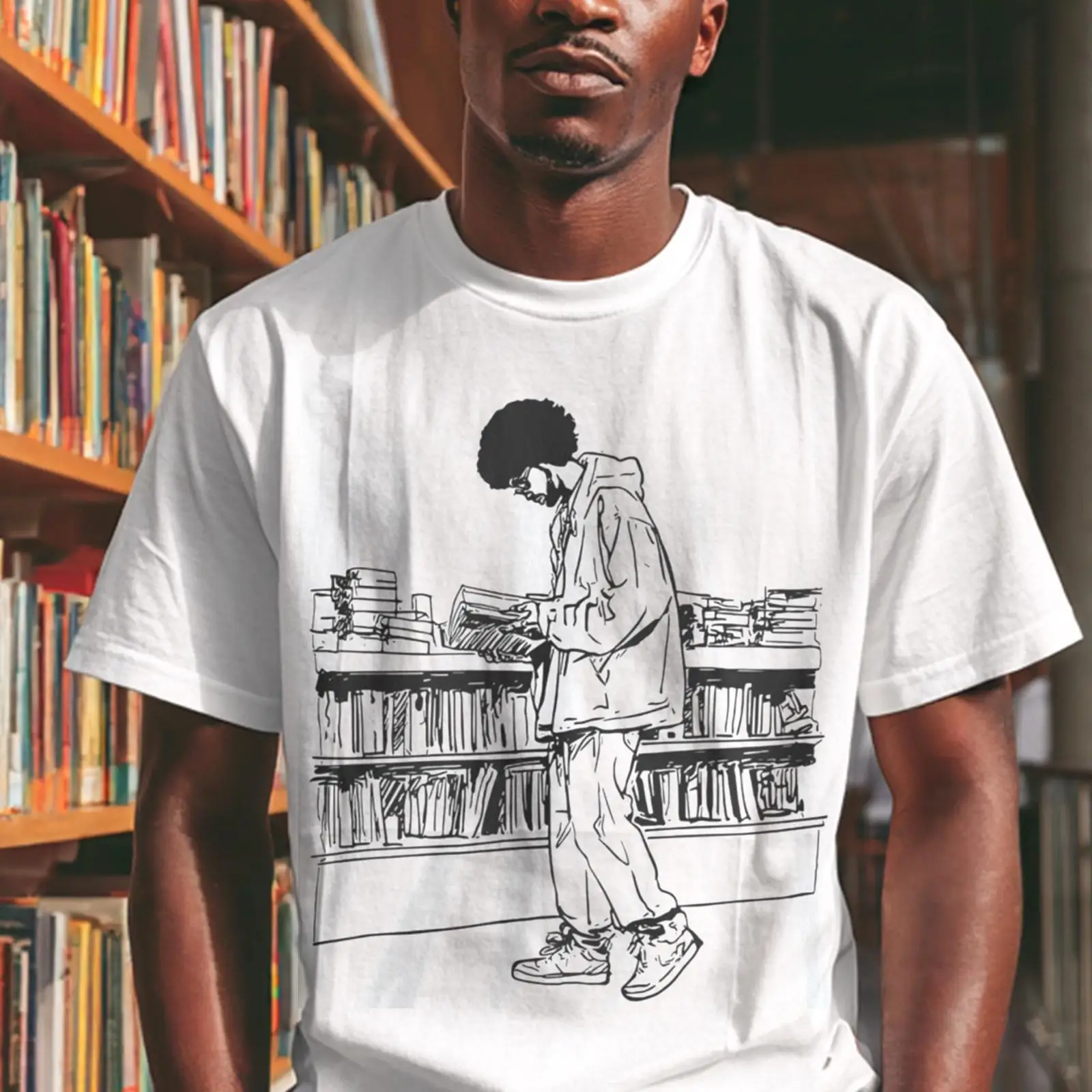 Vintage Fashion Library - Camiseta Masculina Afro Lendo na Biblioteca,