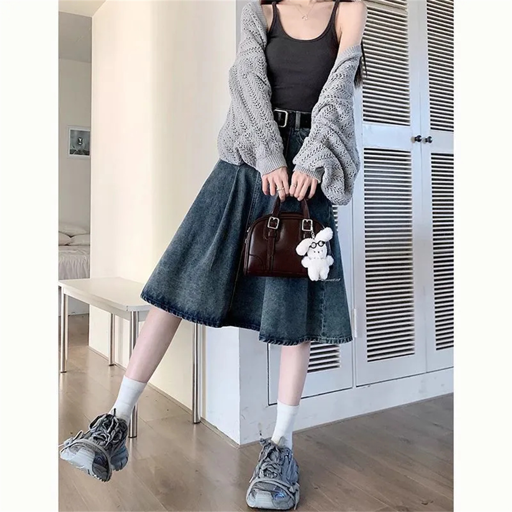 Denim Skirt Midi Vintage - Saia Plissada de Cintura Alta para