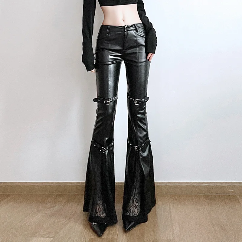 Calça feminina de couro PU, fi - Vintage Fashion Y2K avaliação e preço