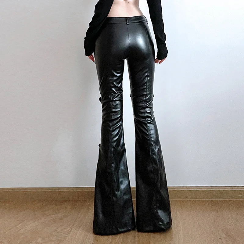 Calça feminina de couro PU, fi - Vintage Fashion Y2K avaliação e preço