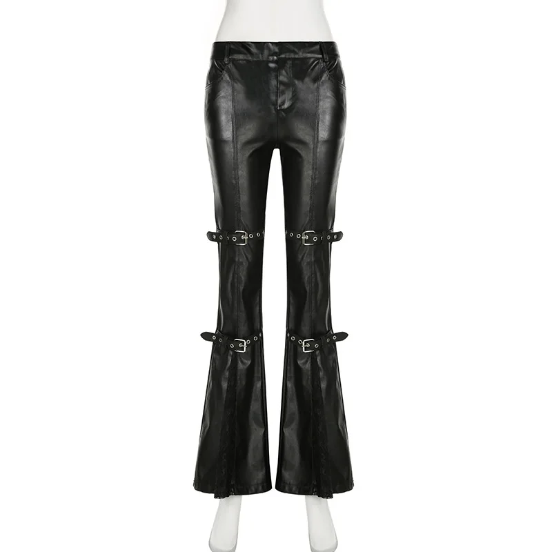 Calça feminina de couro PU, fi - Vintage Fashion Y2K avaliação e preço